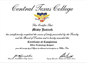 Fake Certificate from Central Texas College Template