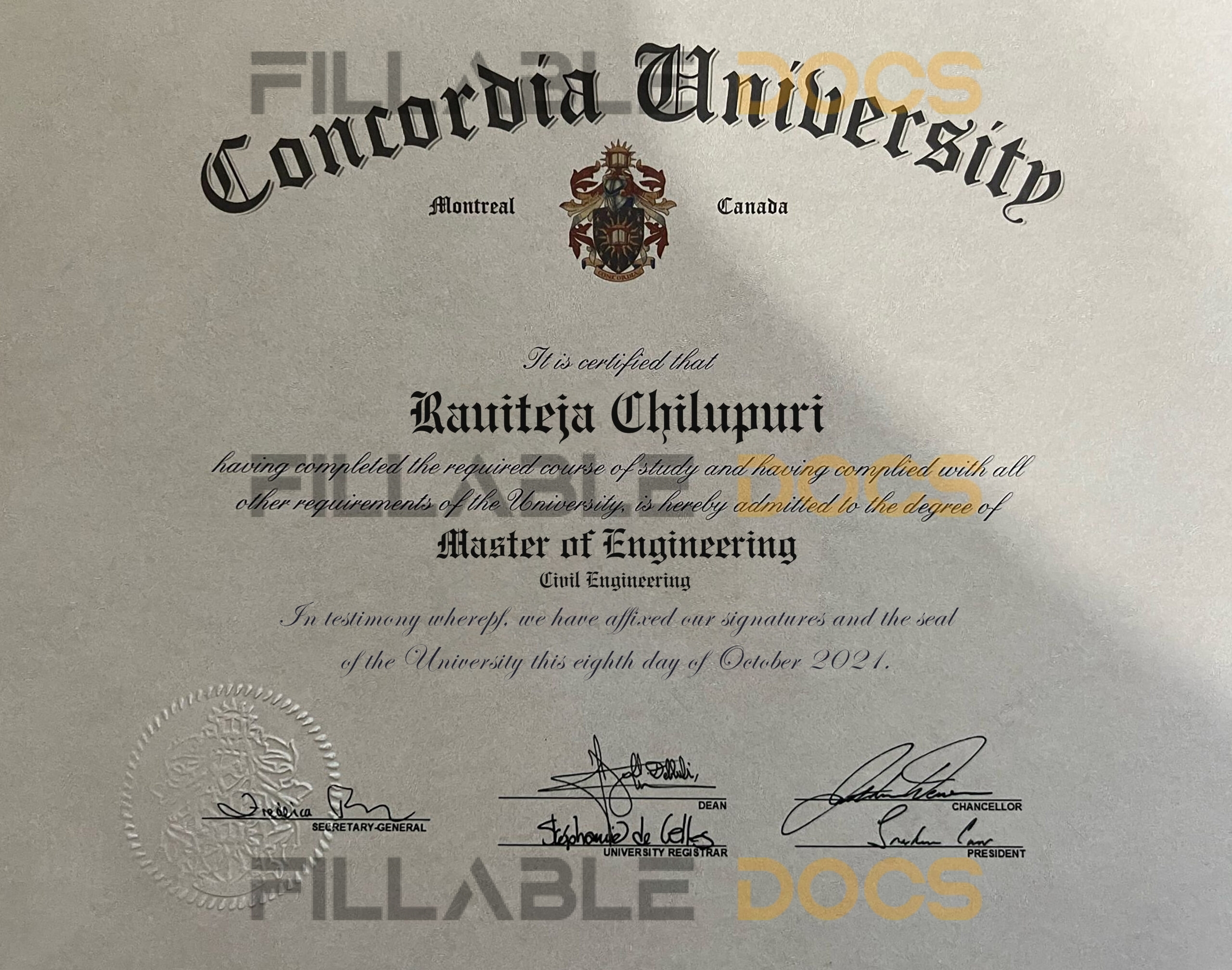 Fake Certificate from Concordia University Template