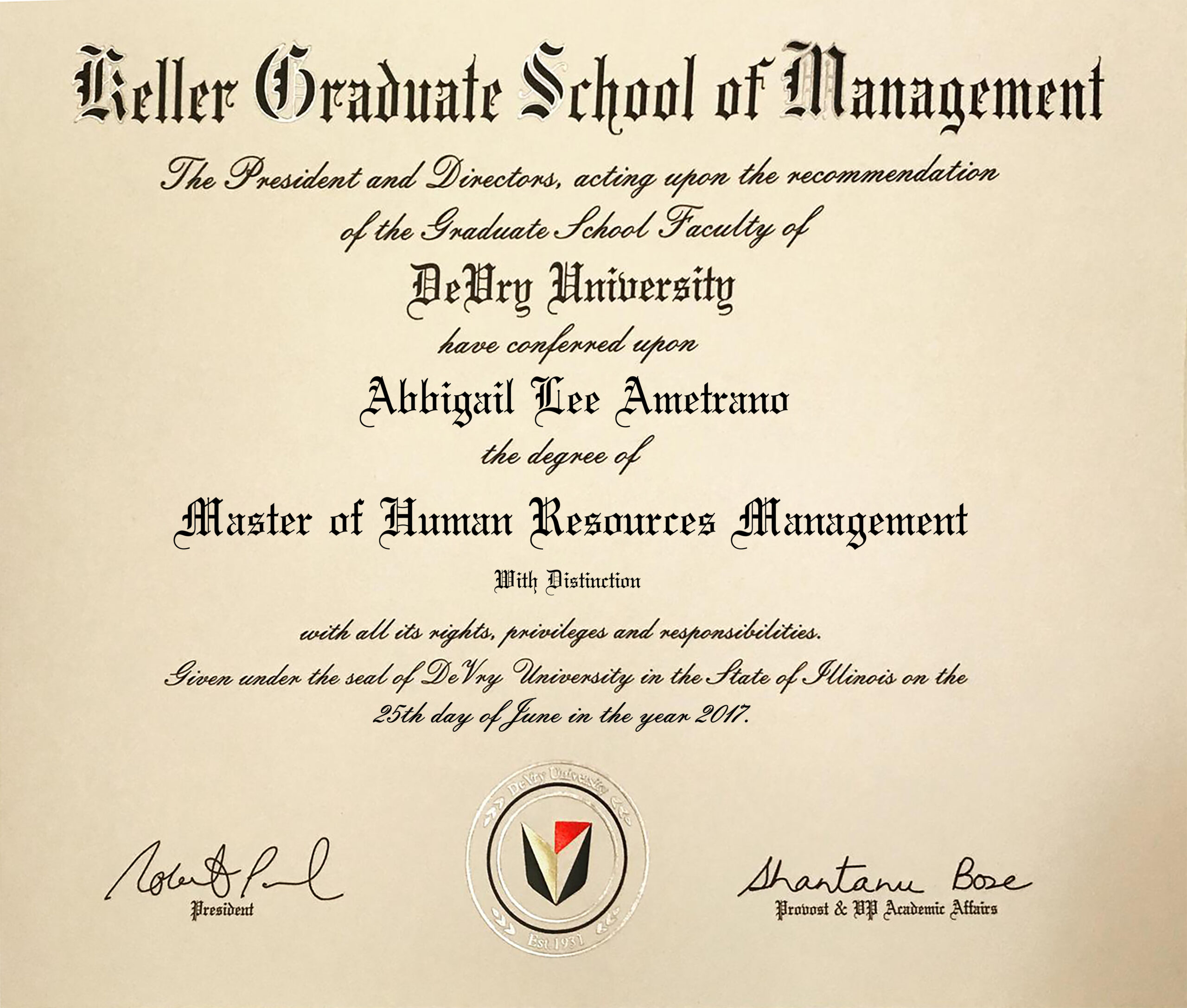 Fake Certificate from DeVry University Template (version3)