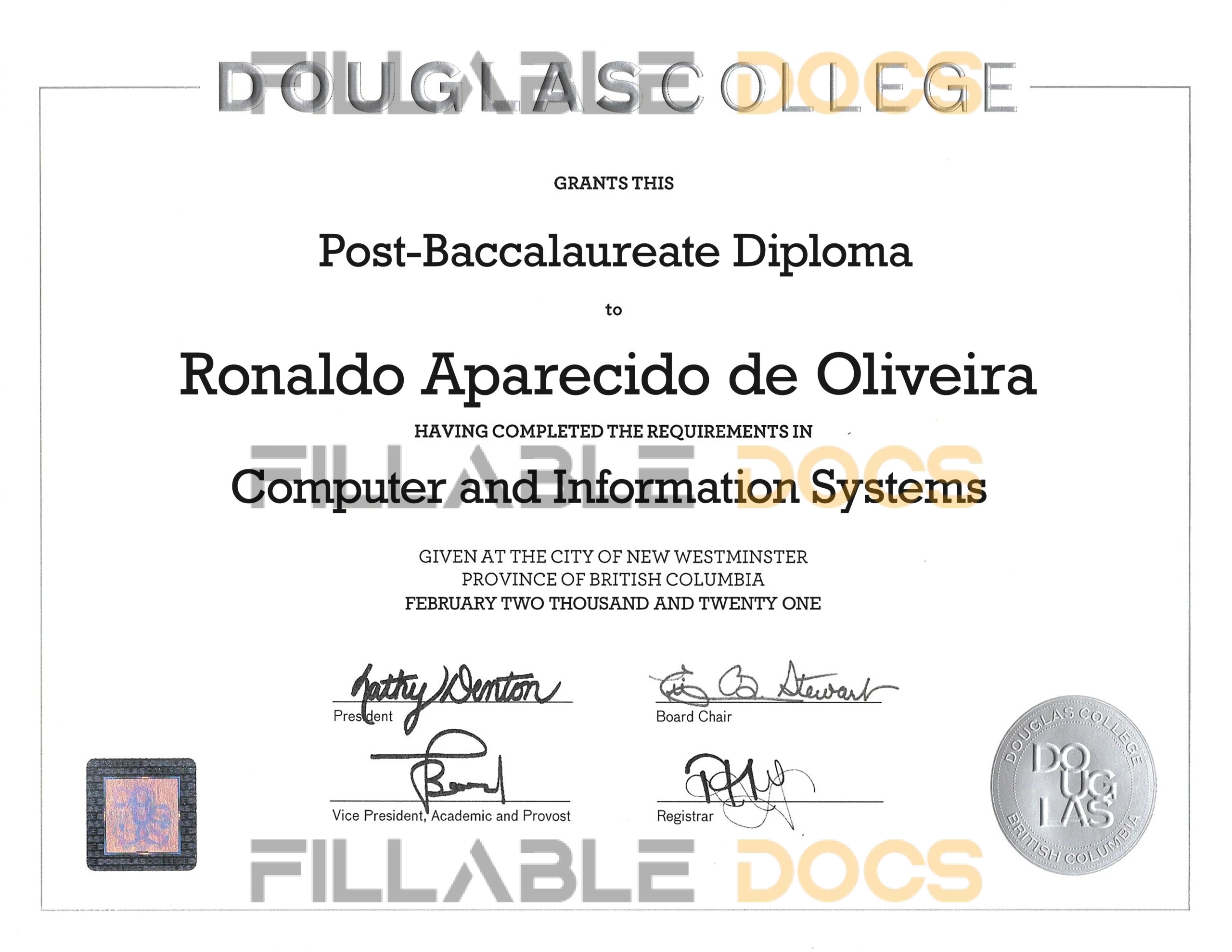 Fake Certificate from Douglas College Template