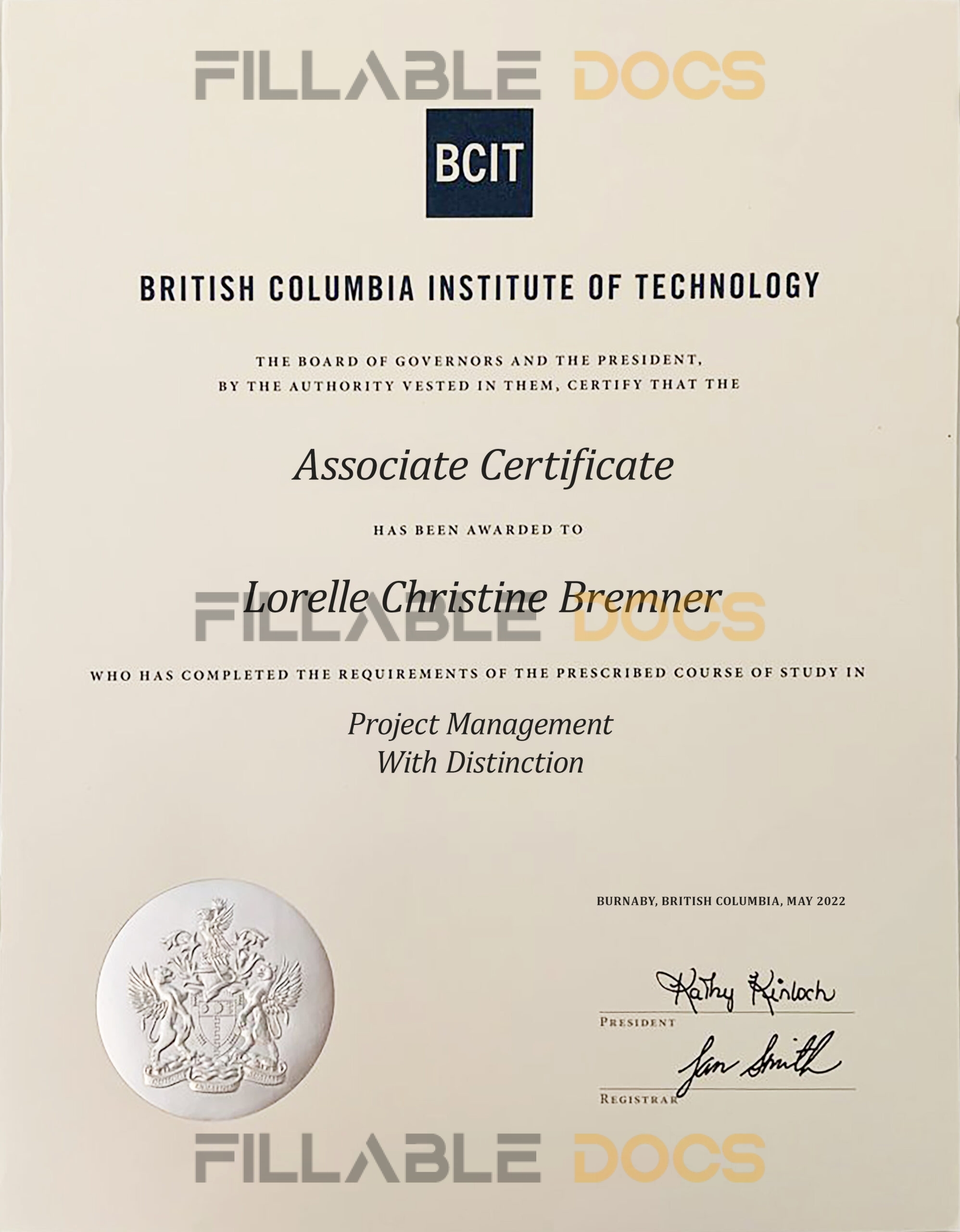 Fake Certificate from For BCIT University Template