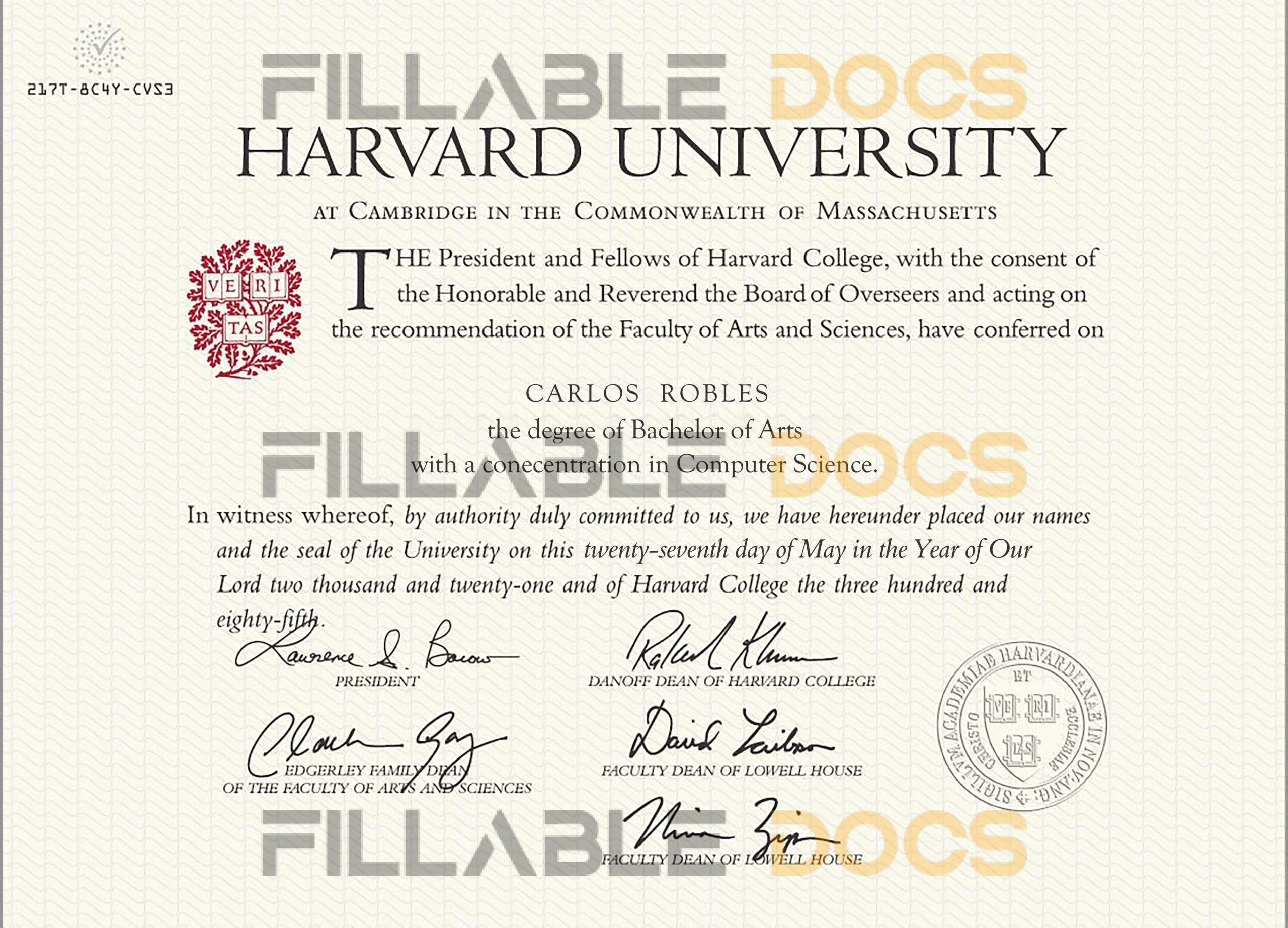 Fake Certificate from Harvard University Template