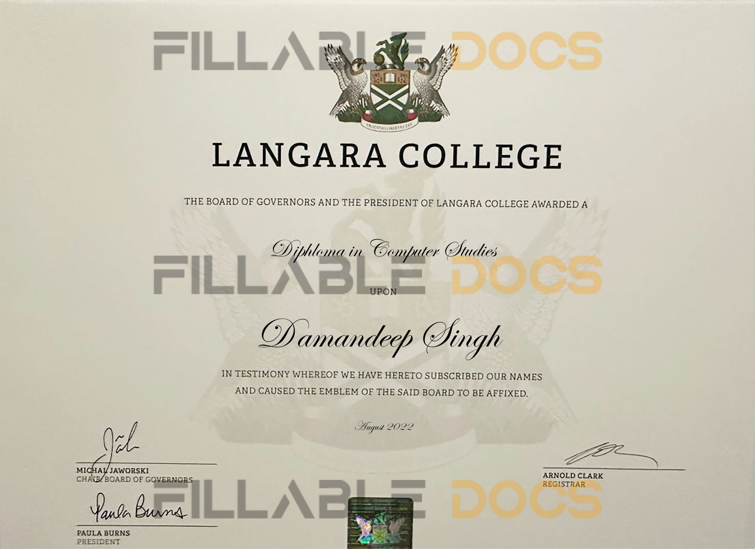 Fake Certificate from Langara College Template