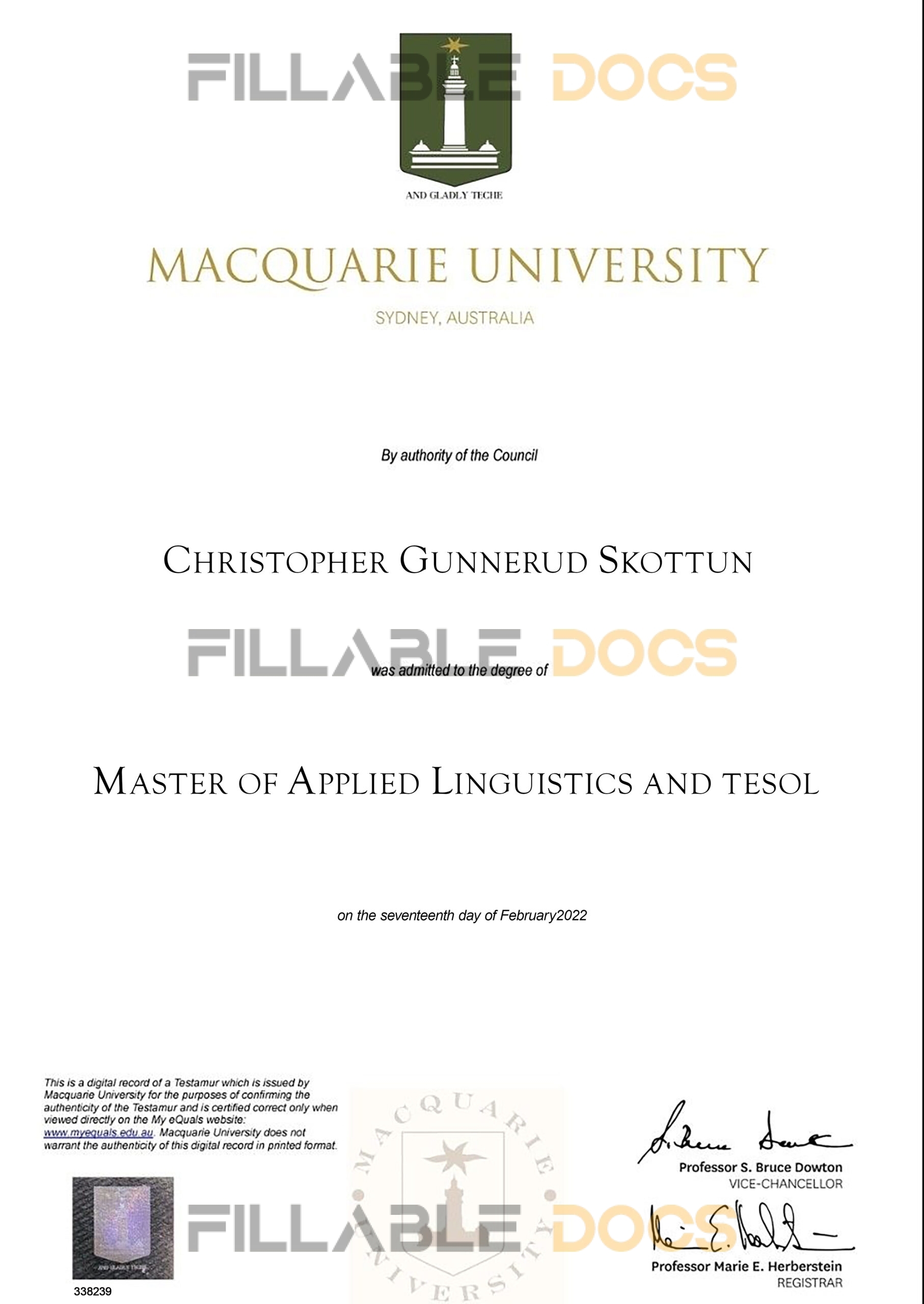 Fake Certificate from Macquarie University Template