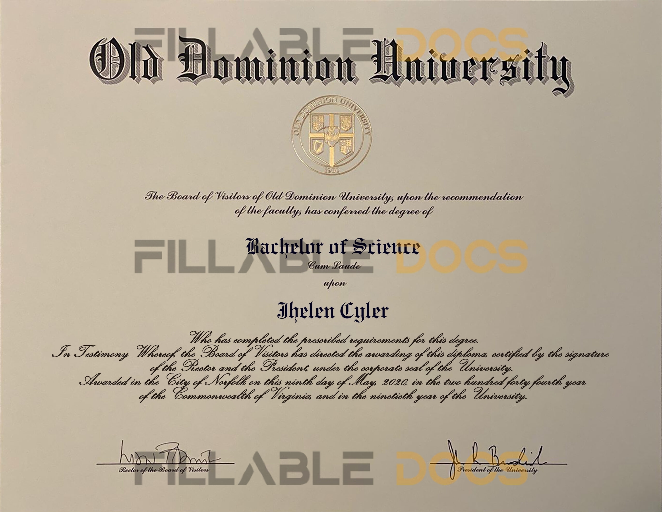 Fake Certificate from Old Dominion University Template