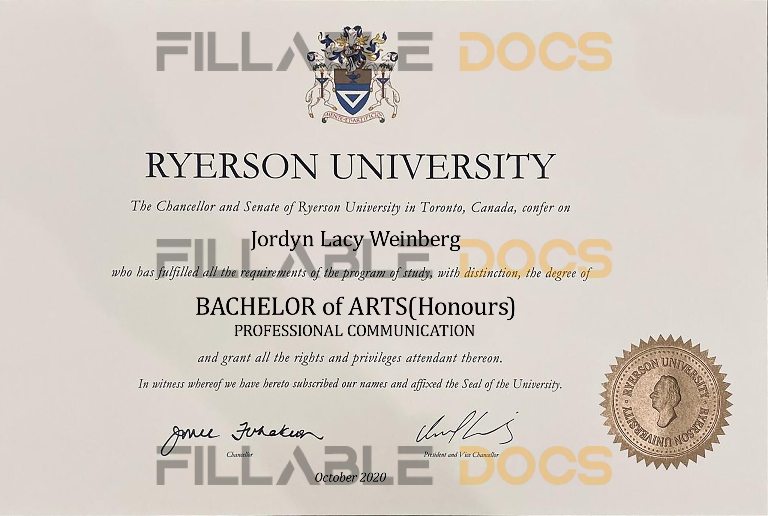 Fake Certificate from Ryerson University Template
