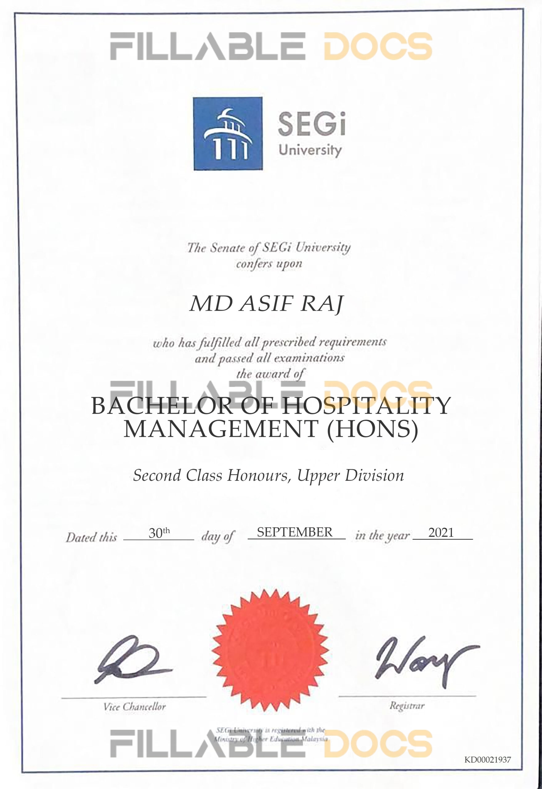 Fake Certificate from SEGi University Template