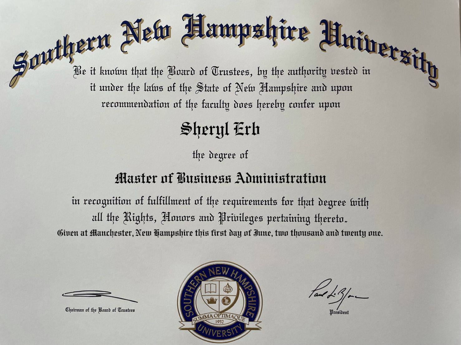 Fake Certificate from Southern New Hampshire University Template