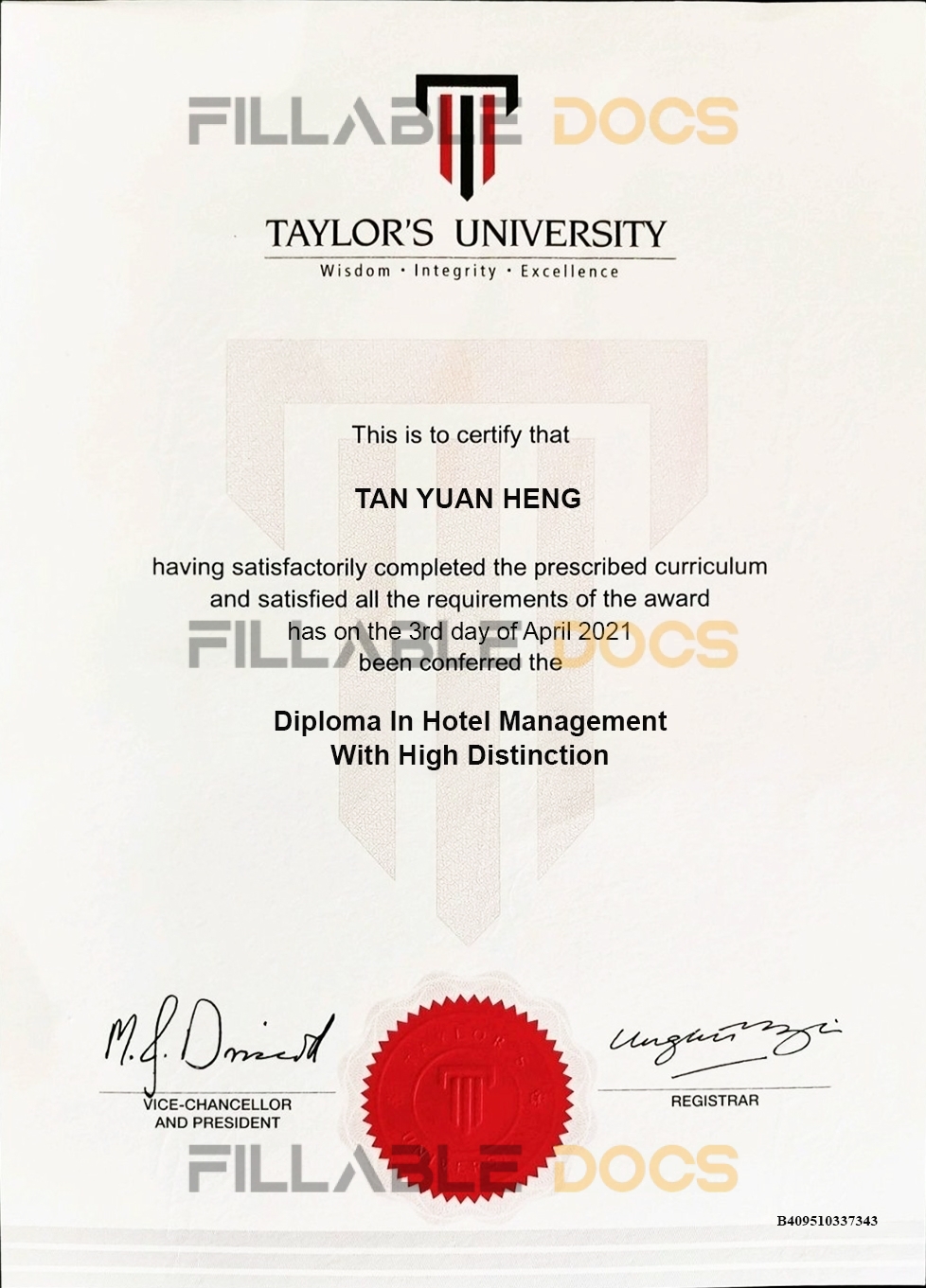Fake Certificate from Taylor’s University Template