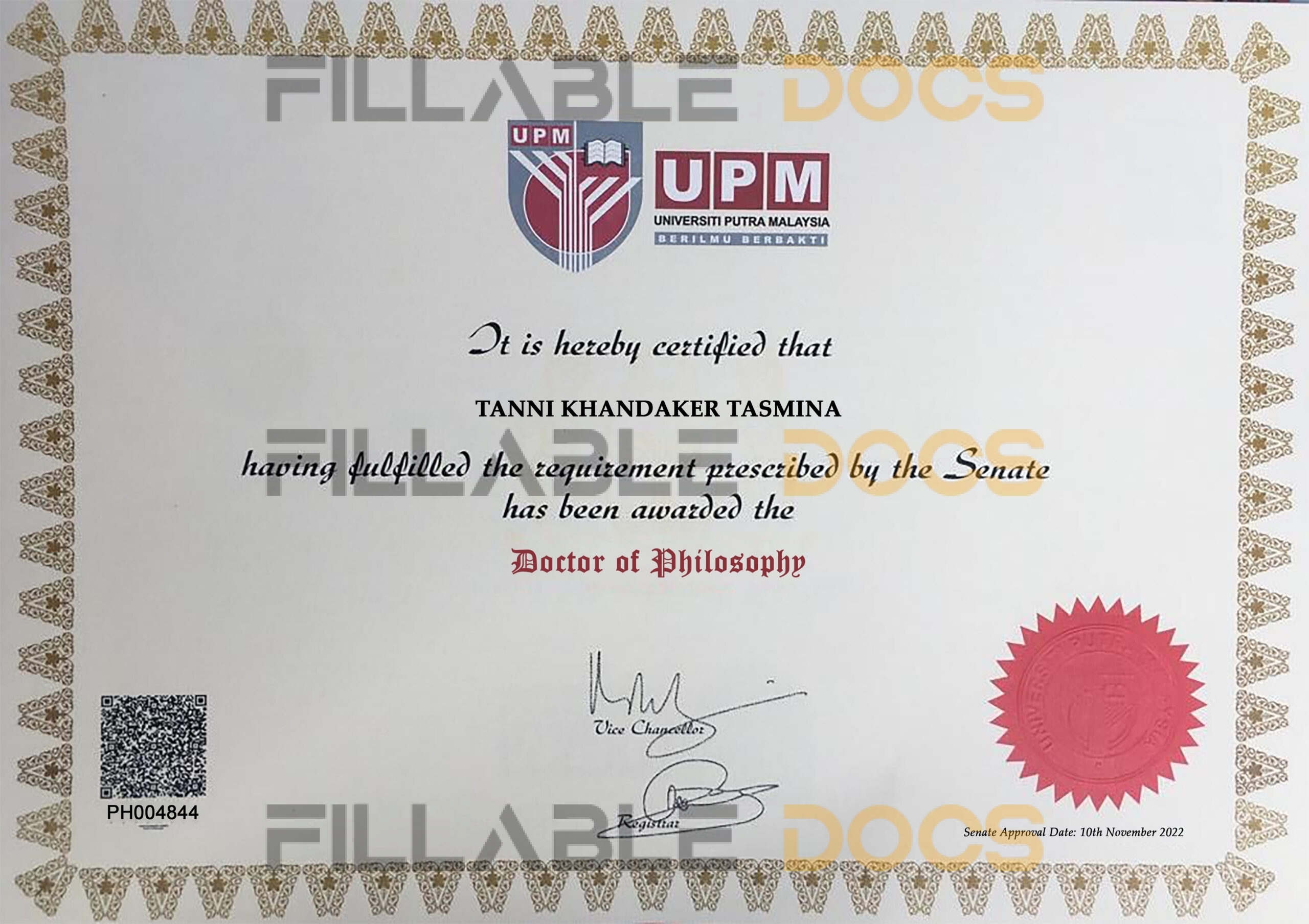 Fake Certificate from UPM University Template