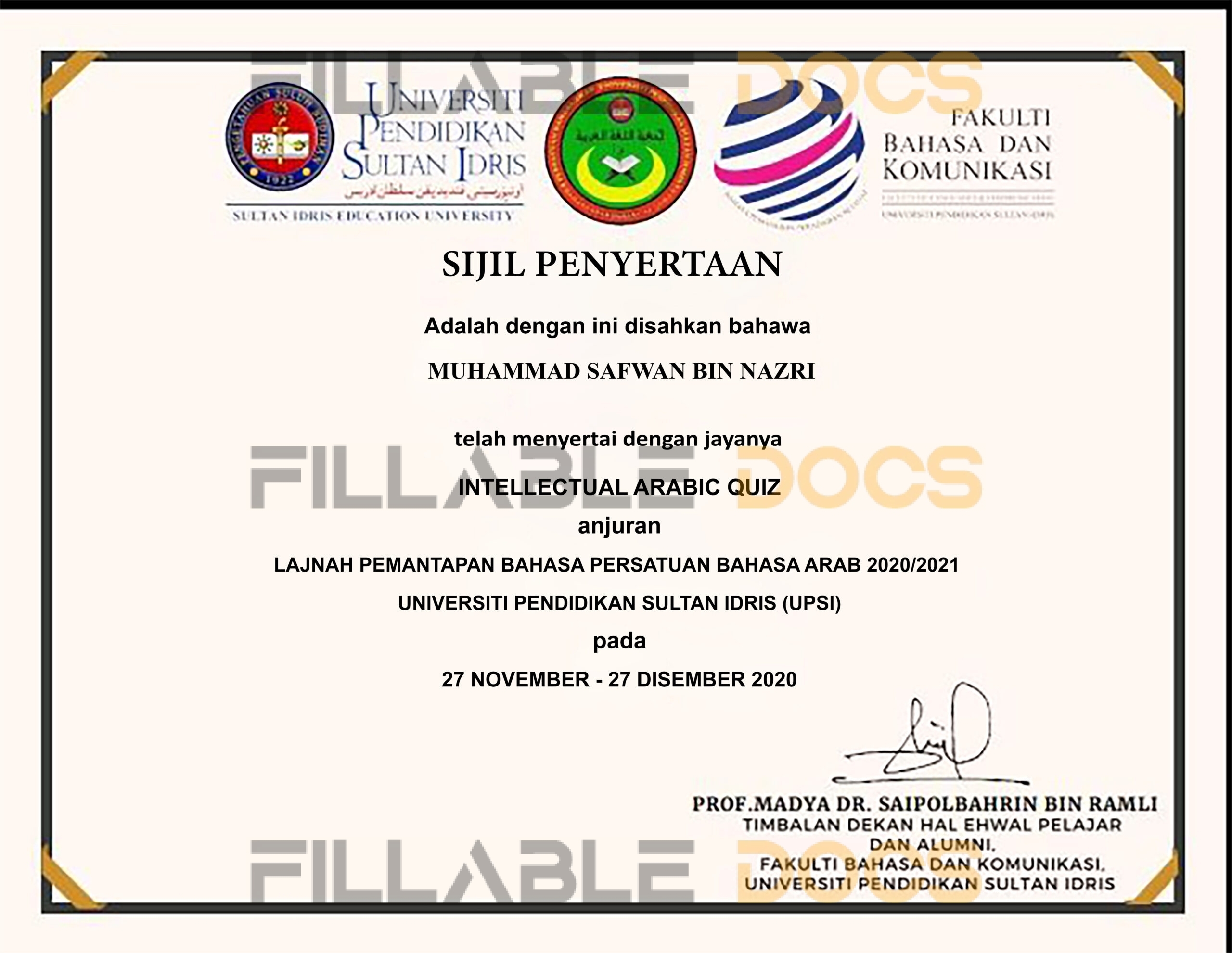 Fake Certificate from Universiti Pendidikan Sultan Idris Template