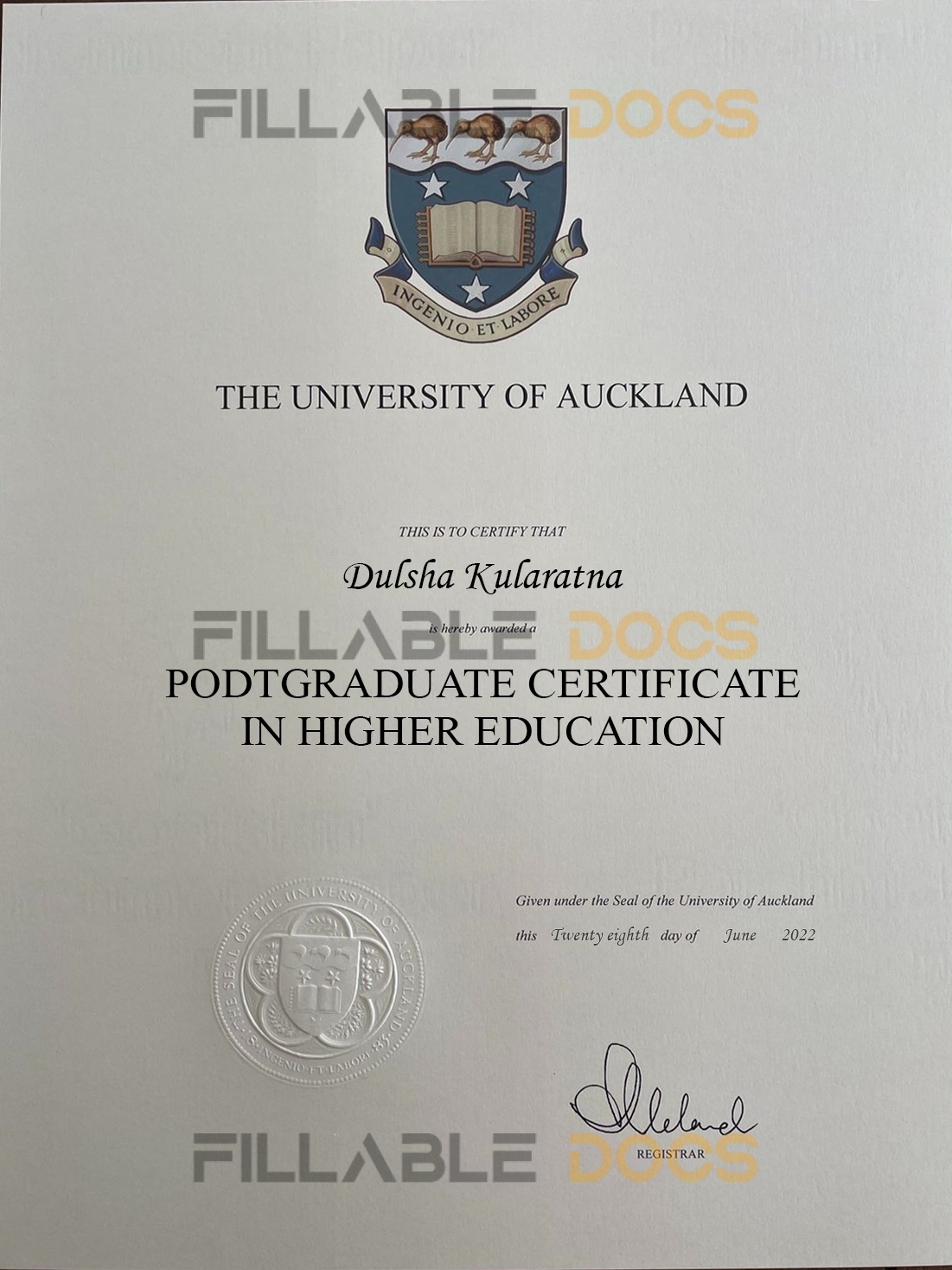 Fake Certificate from University Of Auckland Template