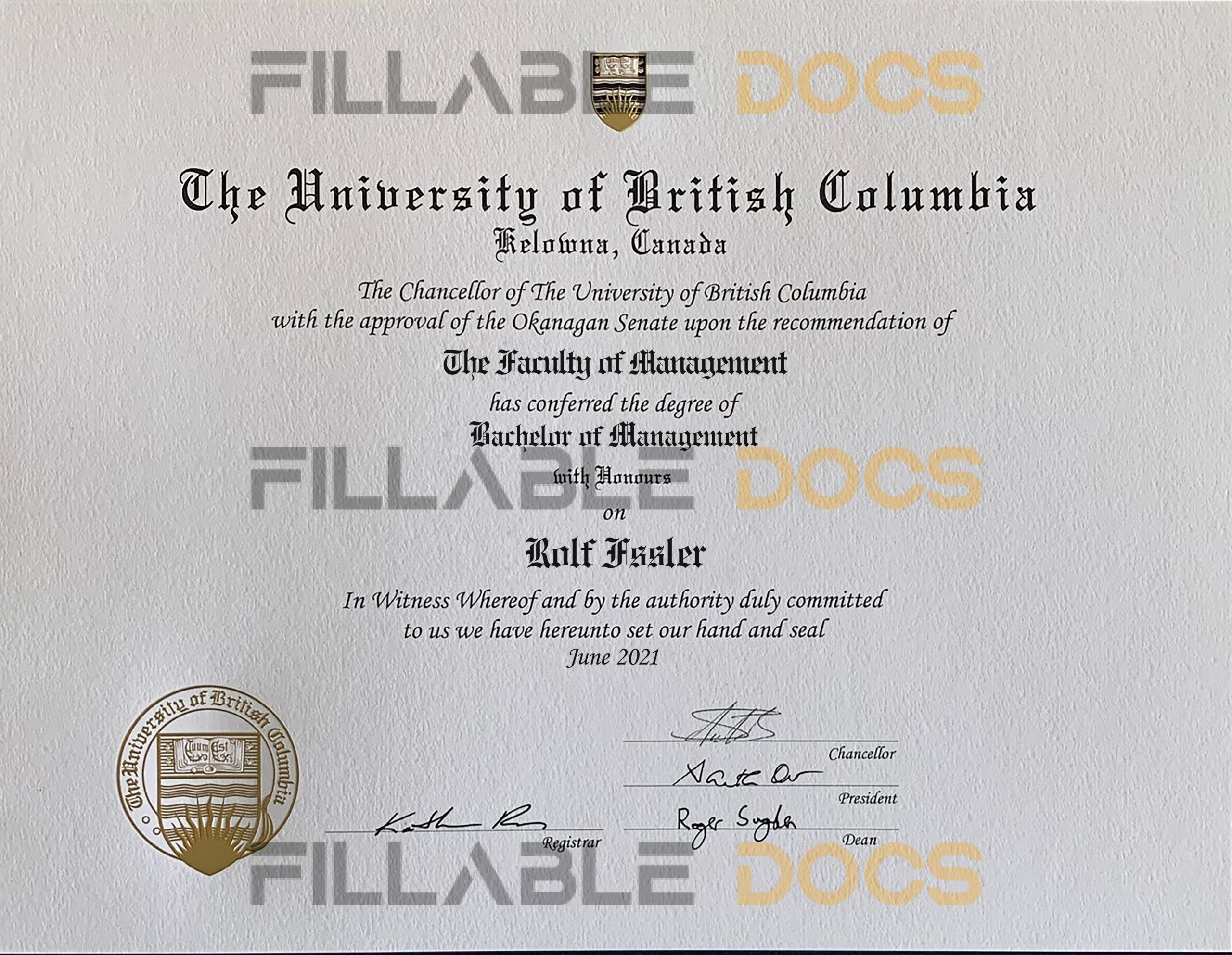 Fake Certificate from University Of British Columbia UBC Template