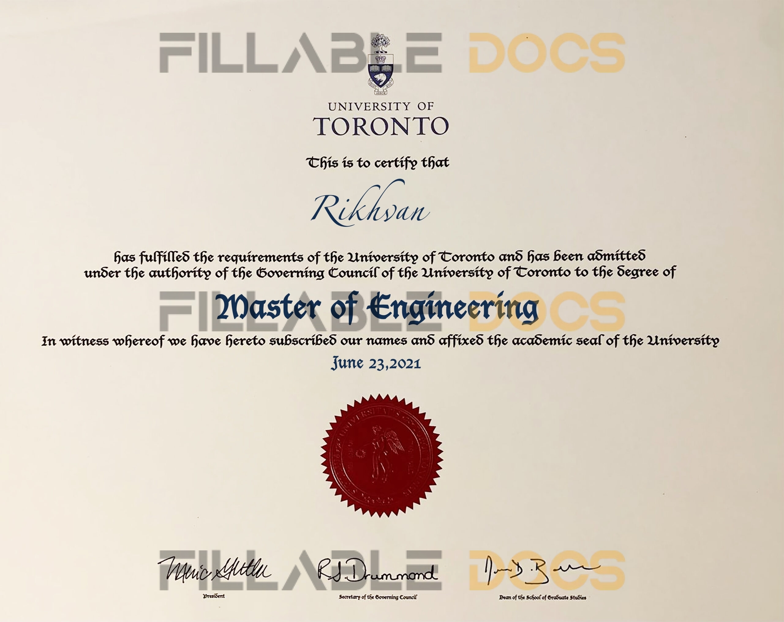 Fake Certificate from University Of Toronto Template