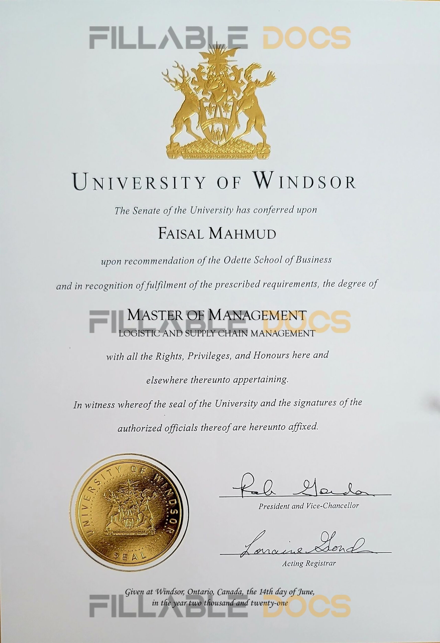 Fake Certificate from University Of Windsor Template