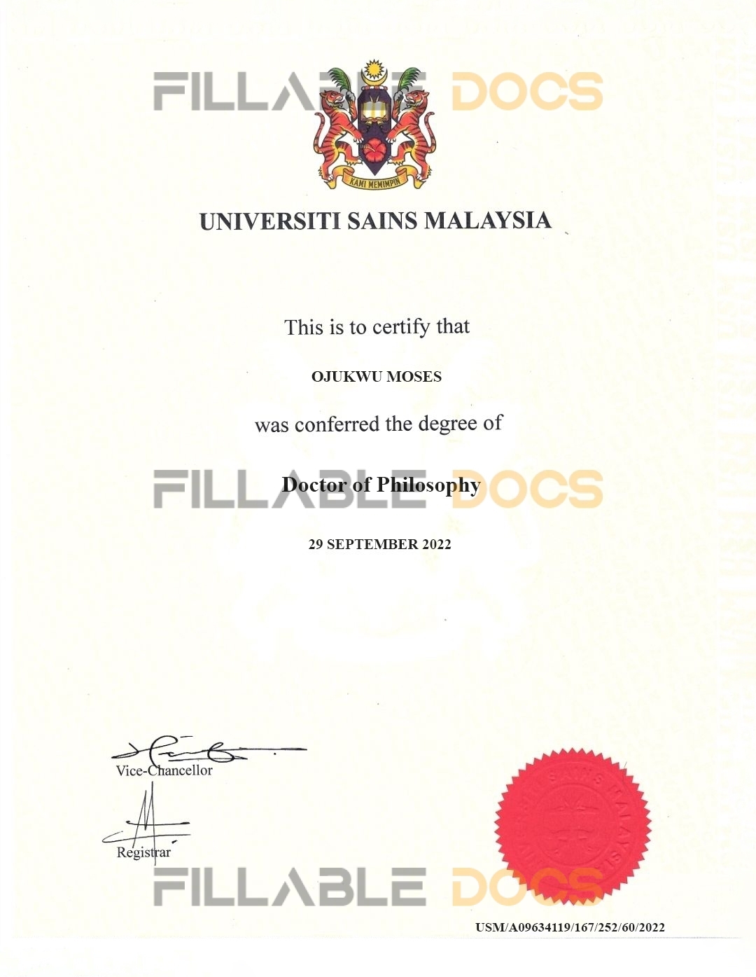 Fake Certificate from University Sains MalaysiaL Template