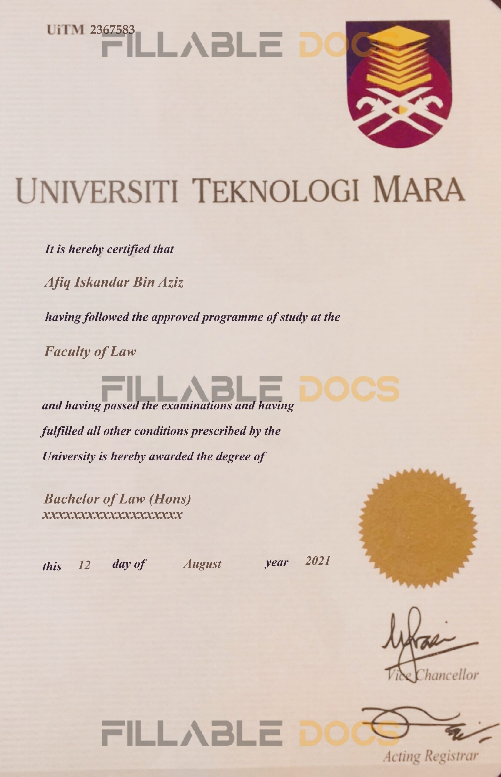 Fake Certificate from University Teknologi MARA Template