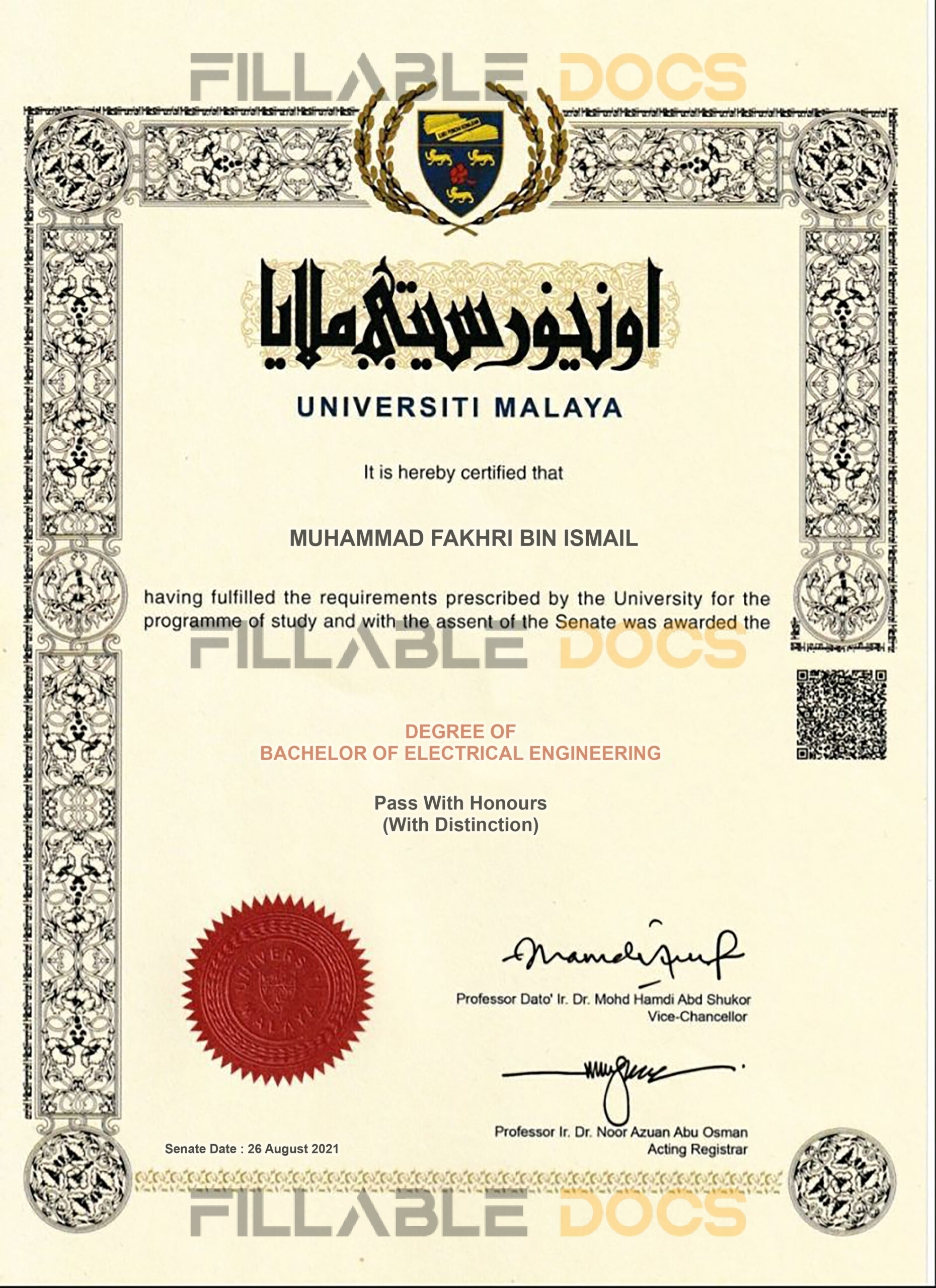 Fake Certificate from University of Malaya Template