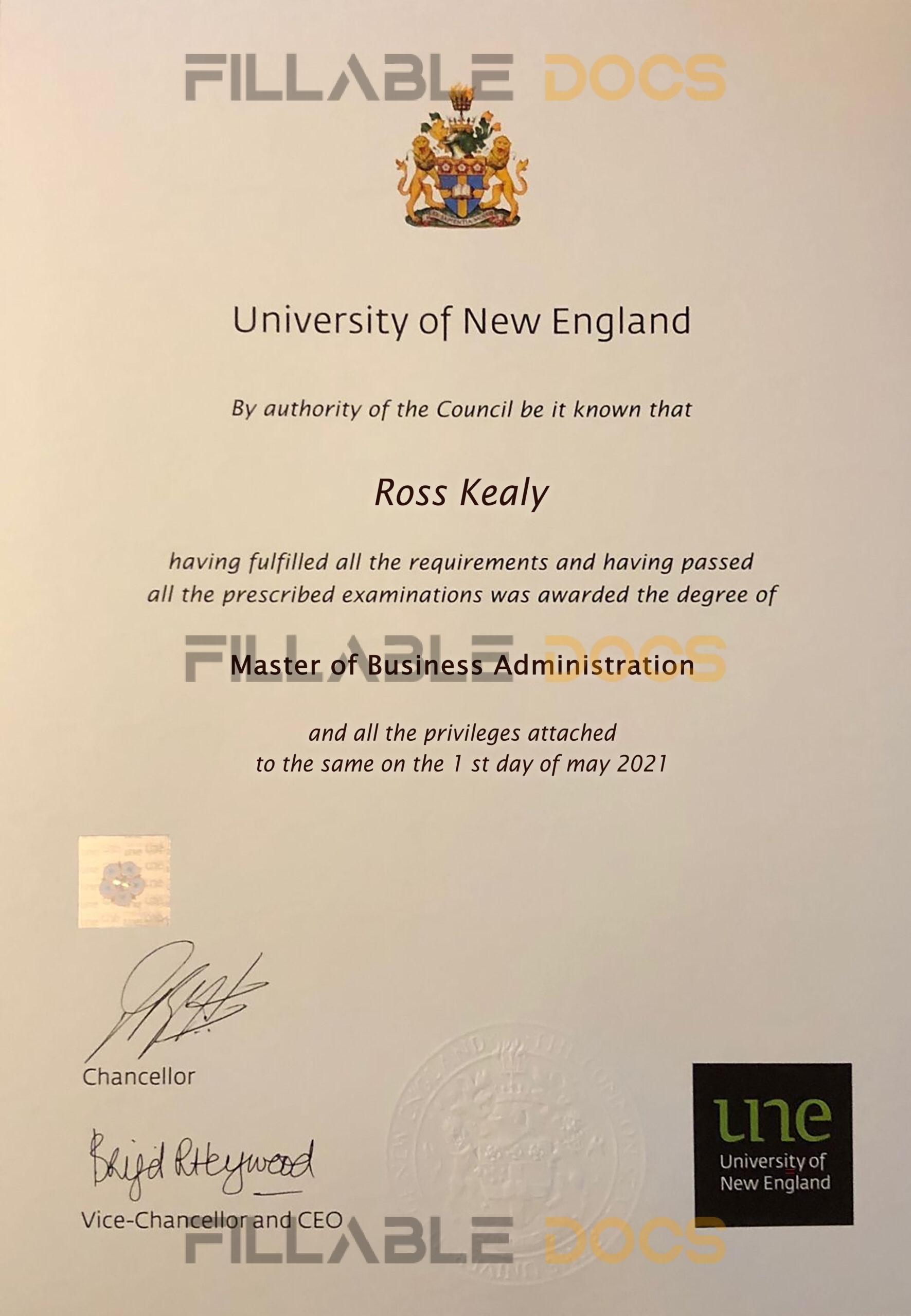 Fake Certificate from University of New England Template