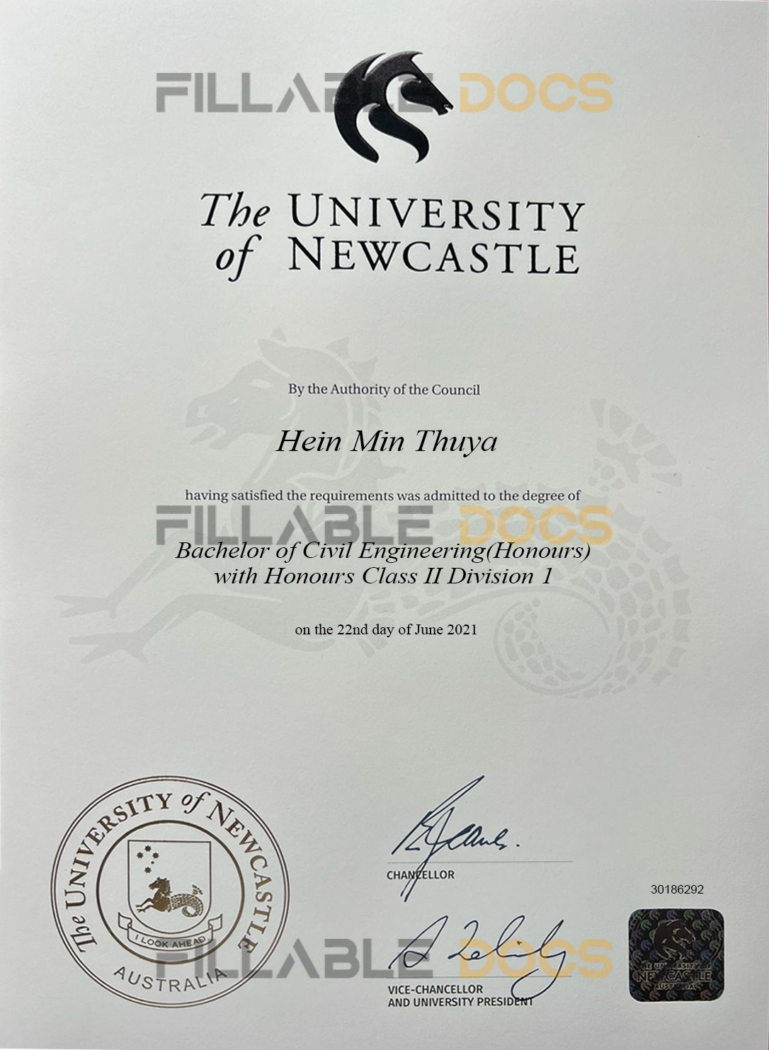 Fake Certificate from University of Newcastle Template