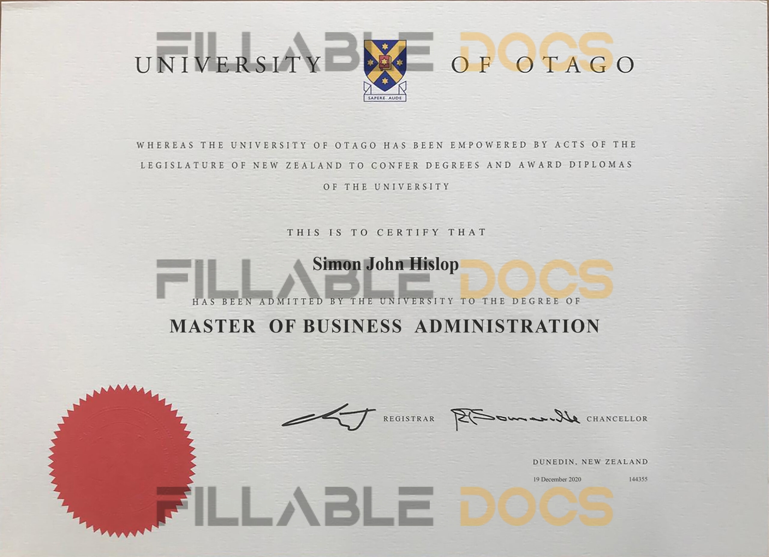 Fake Certificate from University of Otago Template