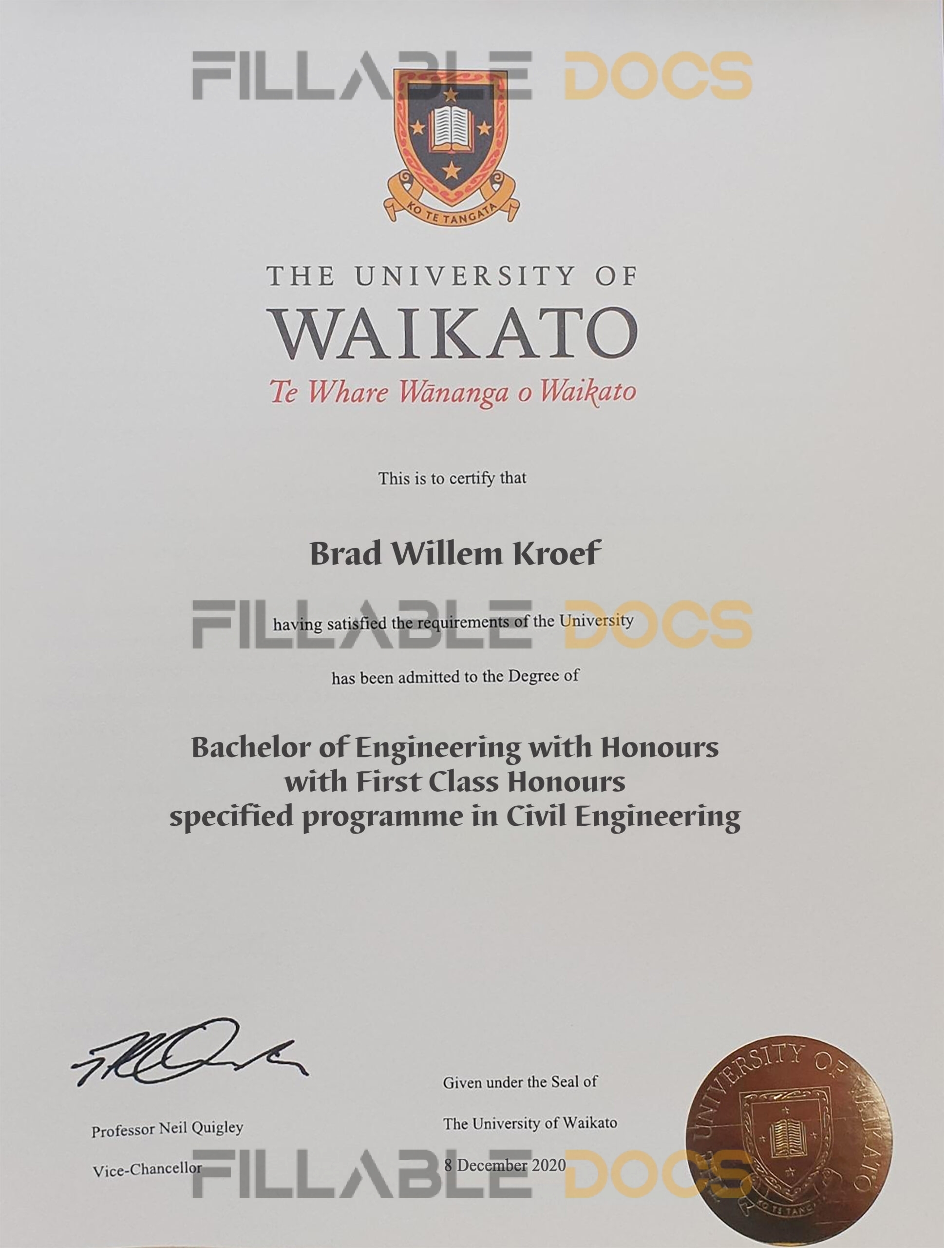 Fake Certificate from University of Waikato Template